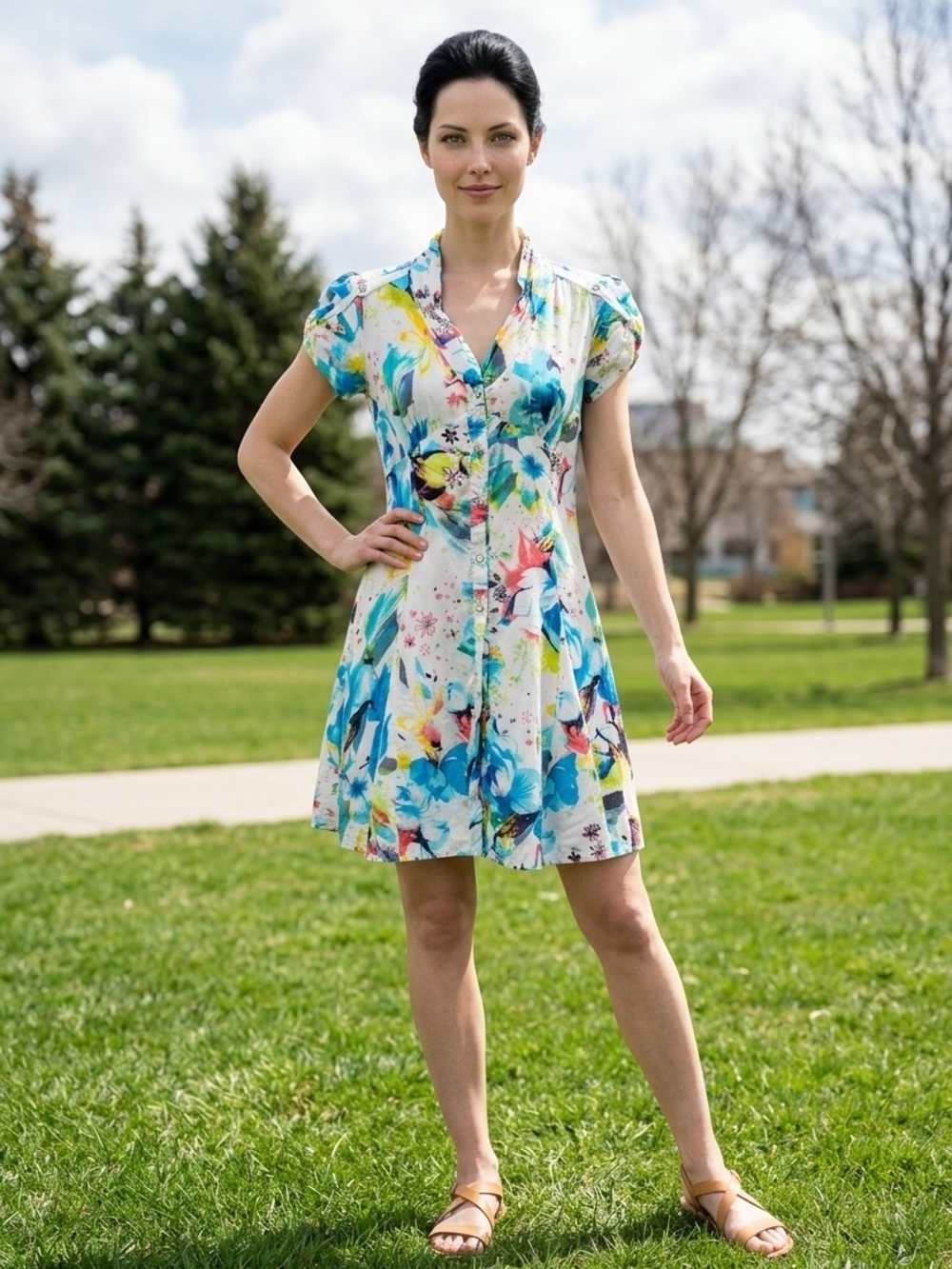 Tricotto Floral Watercolor V-Neck Mini Dress - Blue Multi